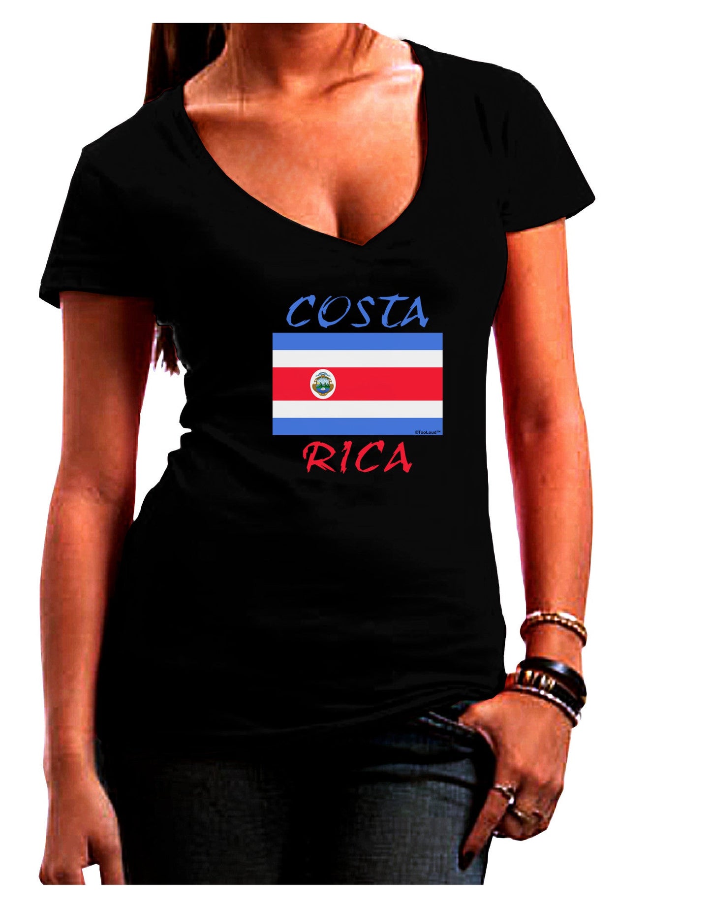 Costa Rica Flag Womens V-Neck Dark T-Shirt-Womens V-Neck T-Shirts-TooLoud-Black-Juniors Fitted Small-Davson Sales