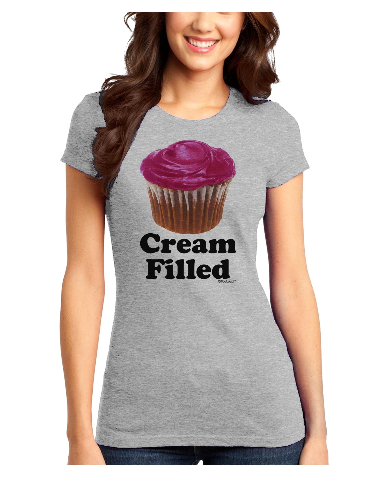 Cream Filled Pink Cupcake Design Juniors T-Shirt by TooLoud-Womens Juniors T-Shirt-TooLoud-Ash-Gray-Juniors Fitted X-Small-Davson Sales