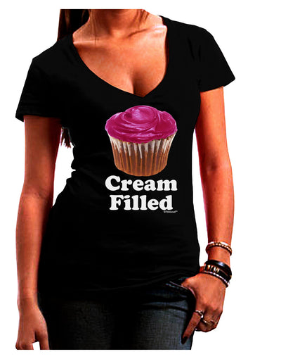 Cream Filled Pink Cupcake Design Juniors V-Neck Dark T-Shirt by TooLoud-Womens V-Neck T-Shirts-TooLoud-Black-Juniors Fitted Small-Davson Sales