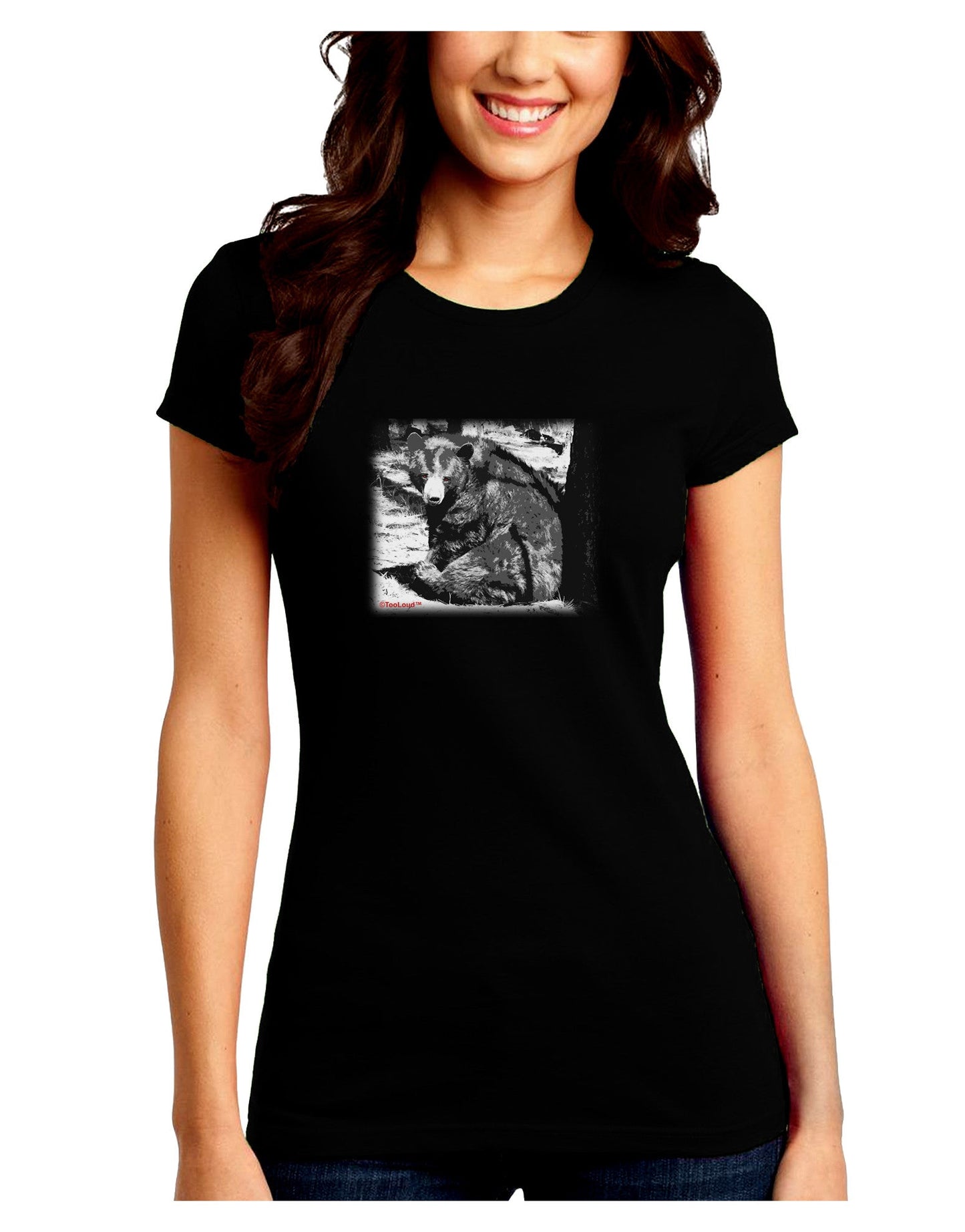 Creepy Black Bear Juniors Petite Crew Dark T-Shirt-T-Shirts Juniors Tops-TooLoud-Black-Juniors Fitted Small-Davson Sales