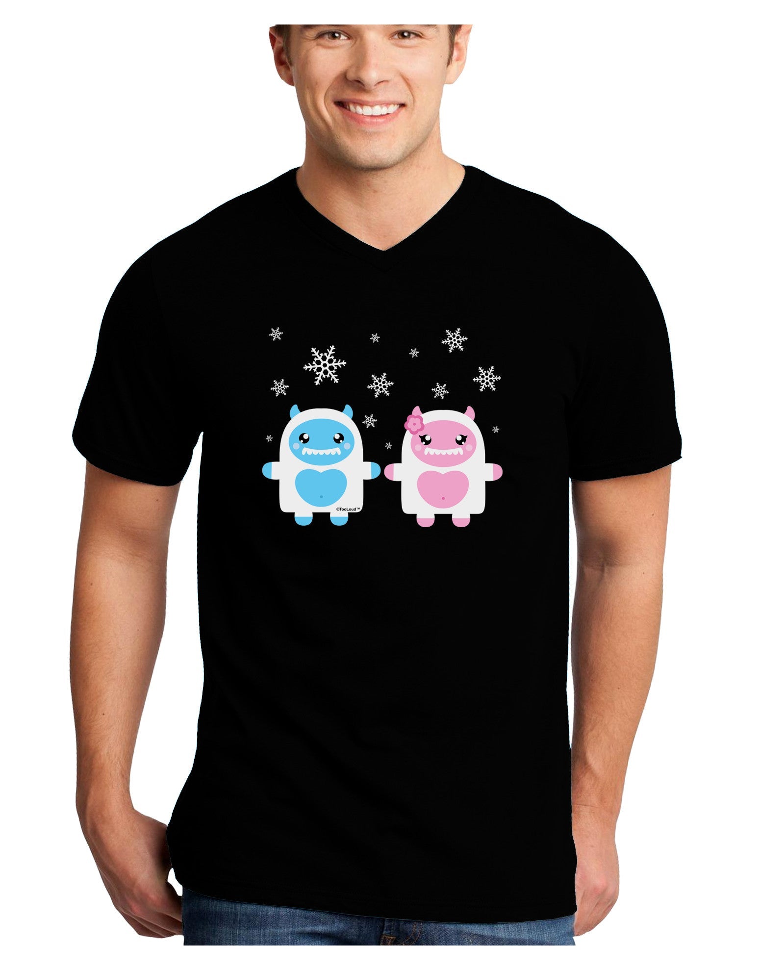 Cute Abominable Snowman Yeti Couple - Christmas Adult Dark V-Neck T-Shirt-TooLoud-Black-Small-Davson Sales