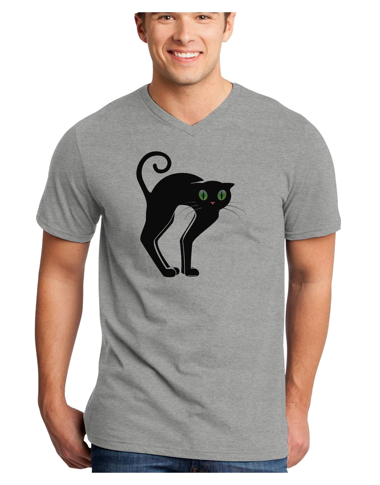 Cute Arched Black Cat Halloween Adult V-Neck T-shirt-Mens V-Neck T-Shirt-TooLoud-HeatherGray-Small-Davson Sales