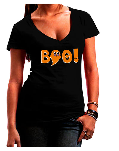 Cute Boo Text Orange Juniors V-Neck Dark T-Shirt-Womens V-Neck T-Shirts-TooLoud-Black-Juniors Fitted Small-Davson Sales