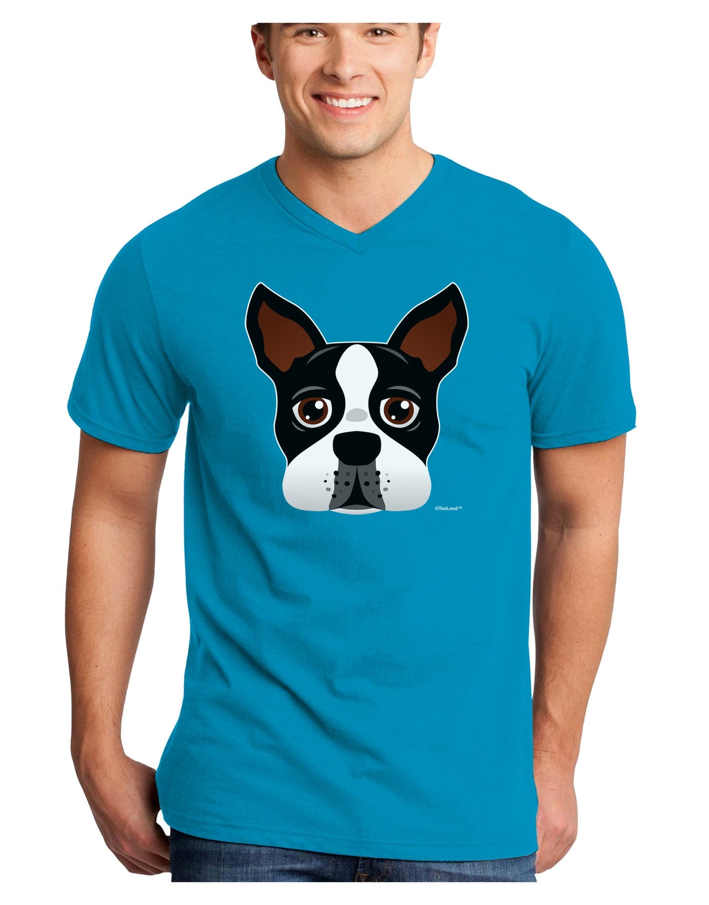 Cute Boston Terrier Dog Face Adult Dark V-Neck T-Shirt-TooLoud-Turquoise-Small-Davson Sales