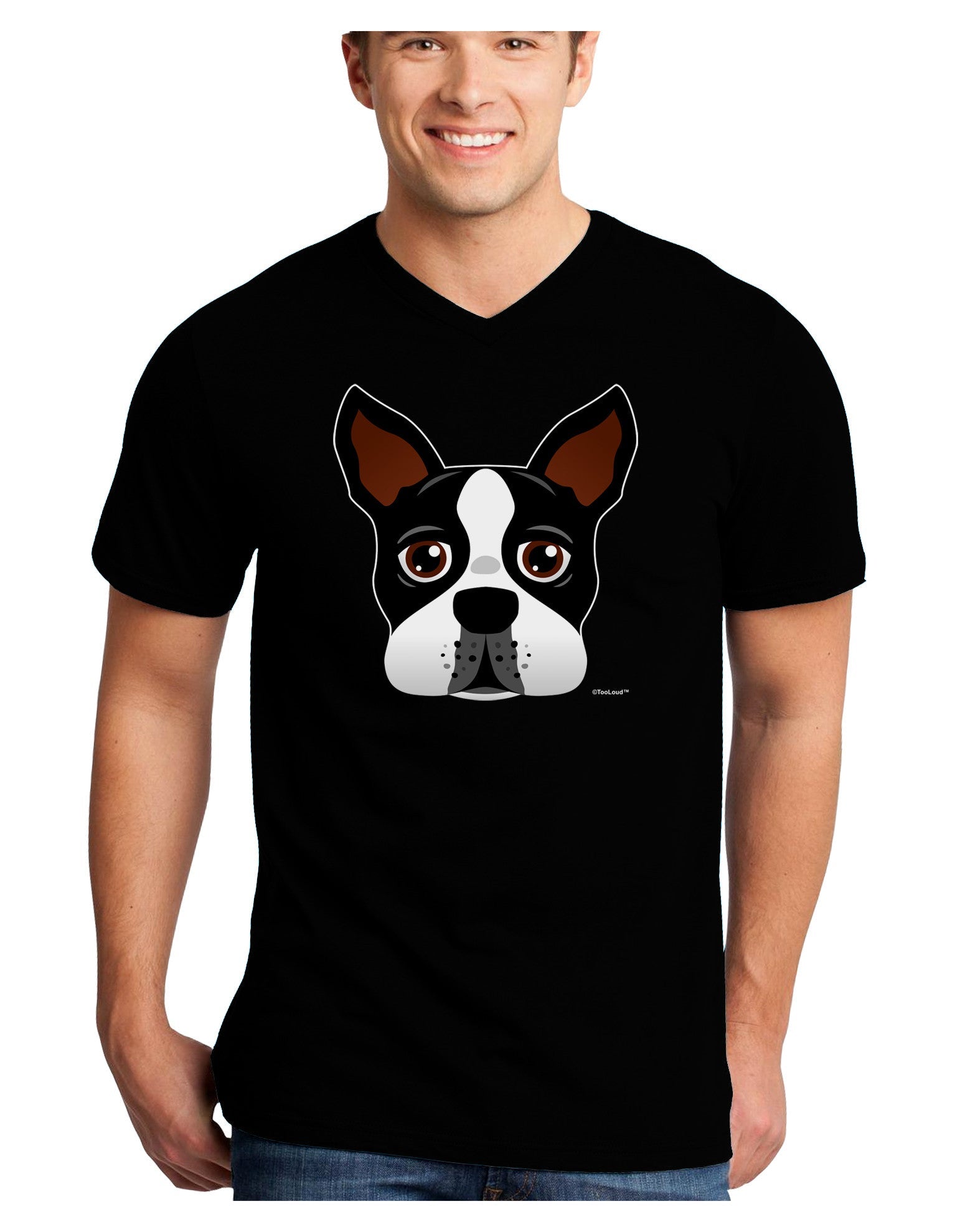 Cute Boston Terrier Dog Face Adult Dark V-Neck T-Shirt-TooLoud-Black-Small-Davson Sales