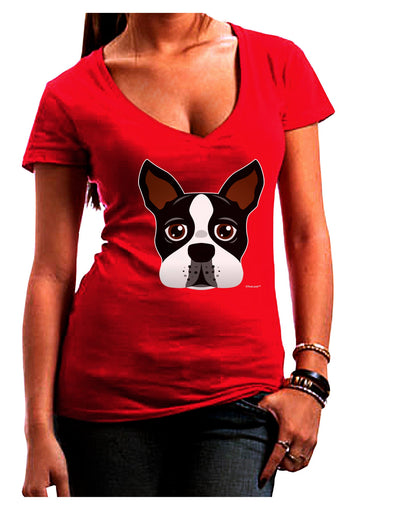 Cute Boston Terrier Dog Face Juniors V-Neck Dark T-Shirt-Womens V-Neck T-Shirts-TooLoud-Red-Juniors Fitted Small-Davson Sales