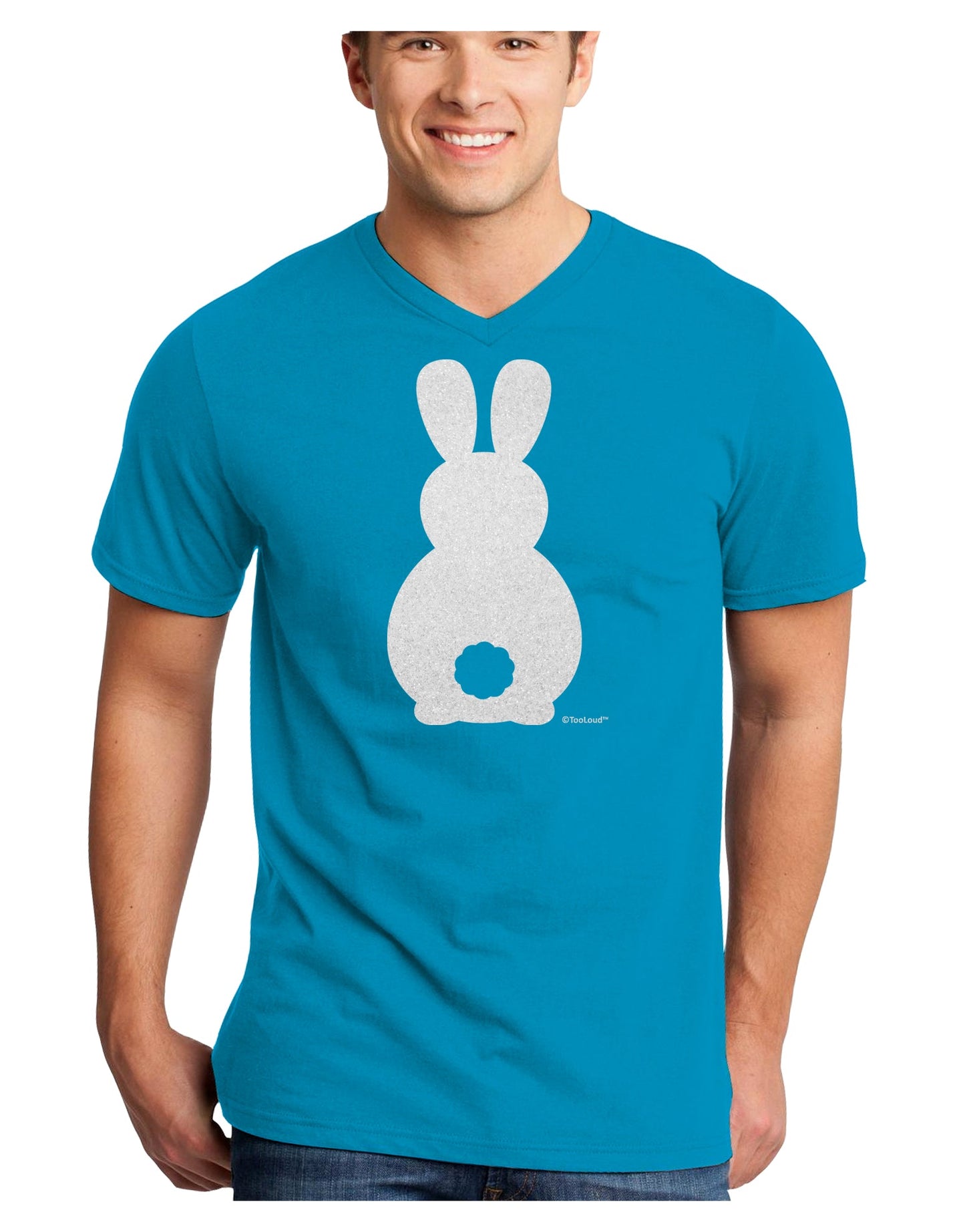 Cute Bunny Silhouette with Tail - White Glitter Adult Dark V-Neck T-Shirt by TooLoud-Mens V-Neck T-Shirt-TooLoud-Turquoise-Small-Davson Sales