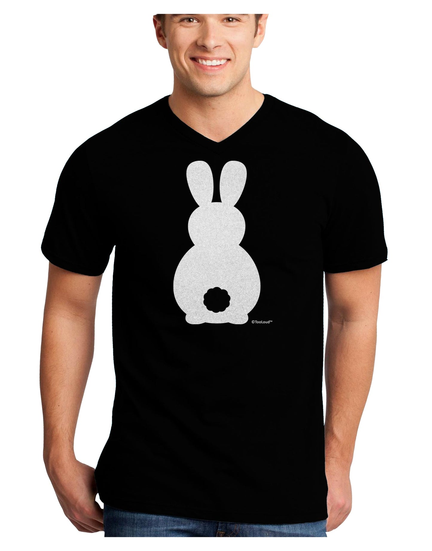Cute Bunny Silhouette with Tail - White Glitter Adult Dark V-Neck T-Shirt by TooLoud-Mens V-Neck T-Shirt-TooLoud-Black-Small-Davson Sales