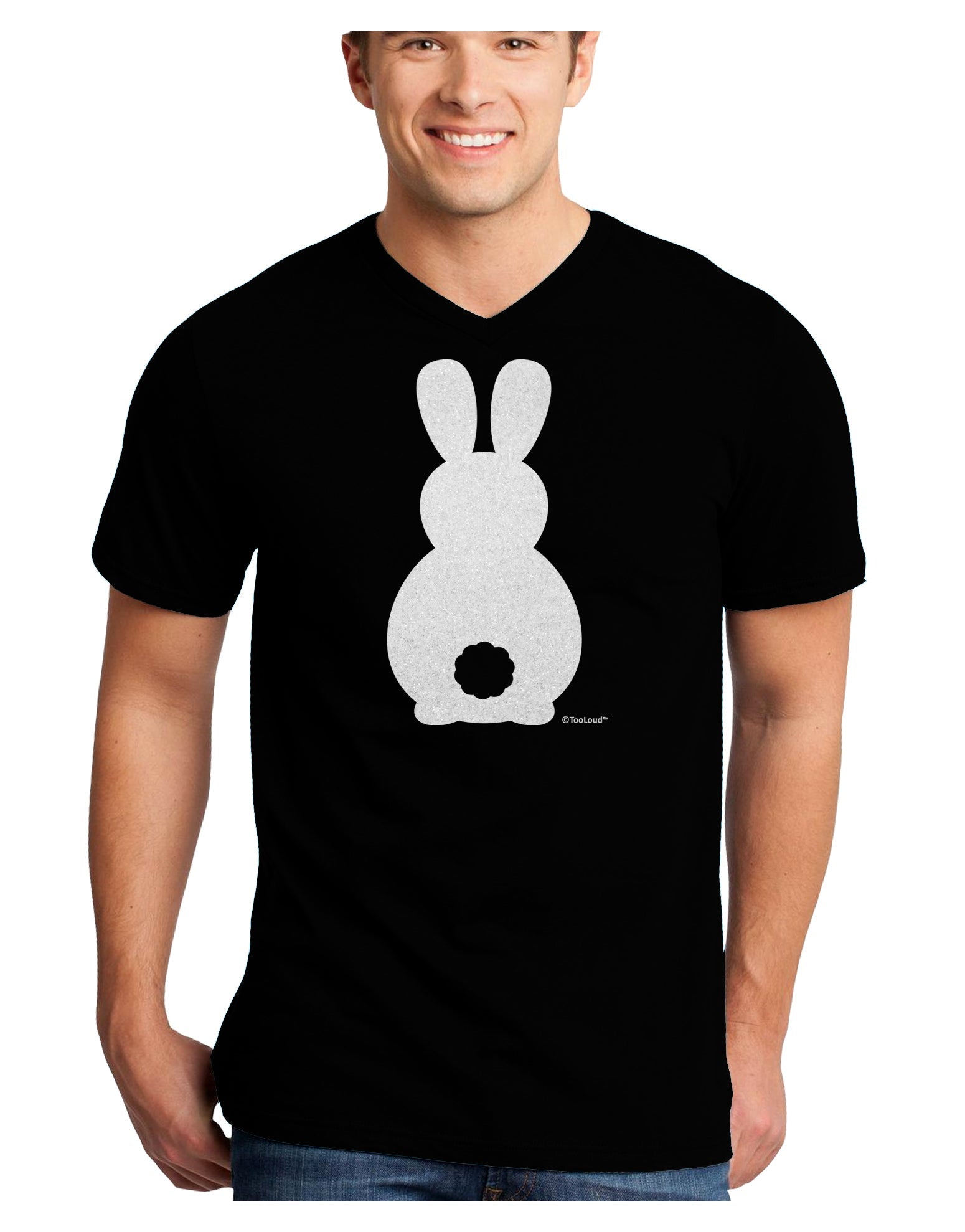 Cute Bunny Silhouette with Tail - White Glitter Adult Dark V-Neck T-Shirt by TooLoud-Mens V-Neck T-Shirt-TooLoud-Black-Small-Davson Sales
