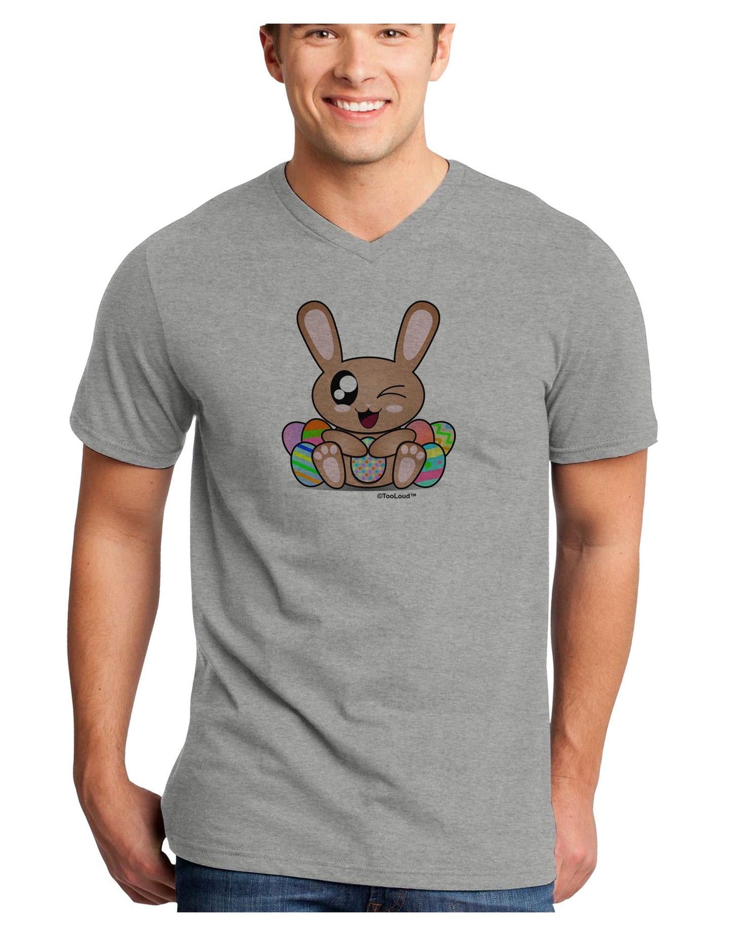 Cute Bunny with Eggs Adult V-Neck T-shirt-Mens V-Neck T-Shirt-TooLoud-HeatherGray-Small-Davson Sales