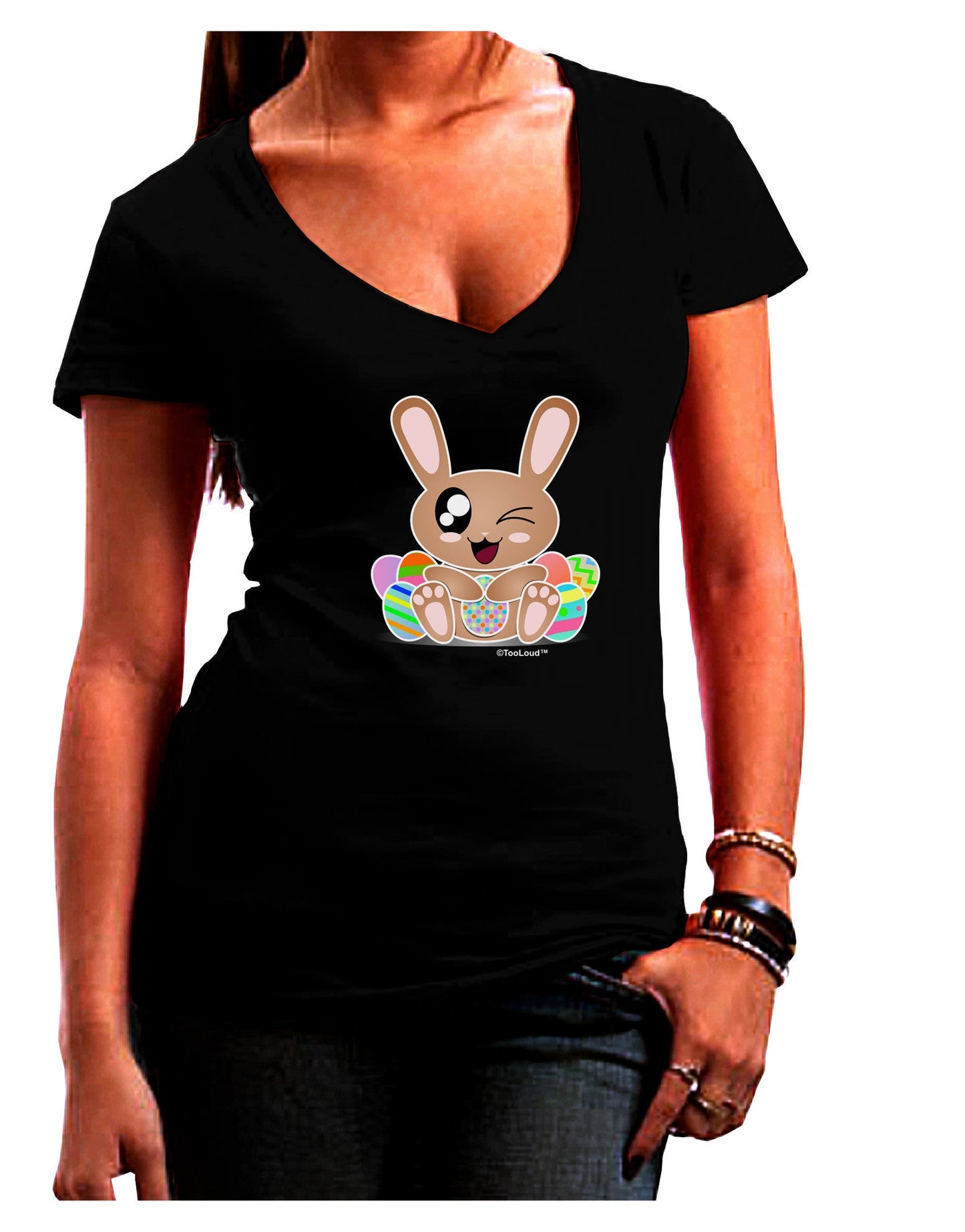 Cute Bunny with Eggs Womens V-Neck Dark T-Shirt-Womens V-Neck T-Shirts-TooLoud-Black-Juniors Fitted Small-Davson Sales