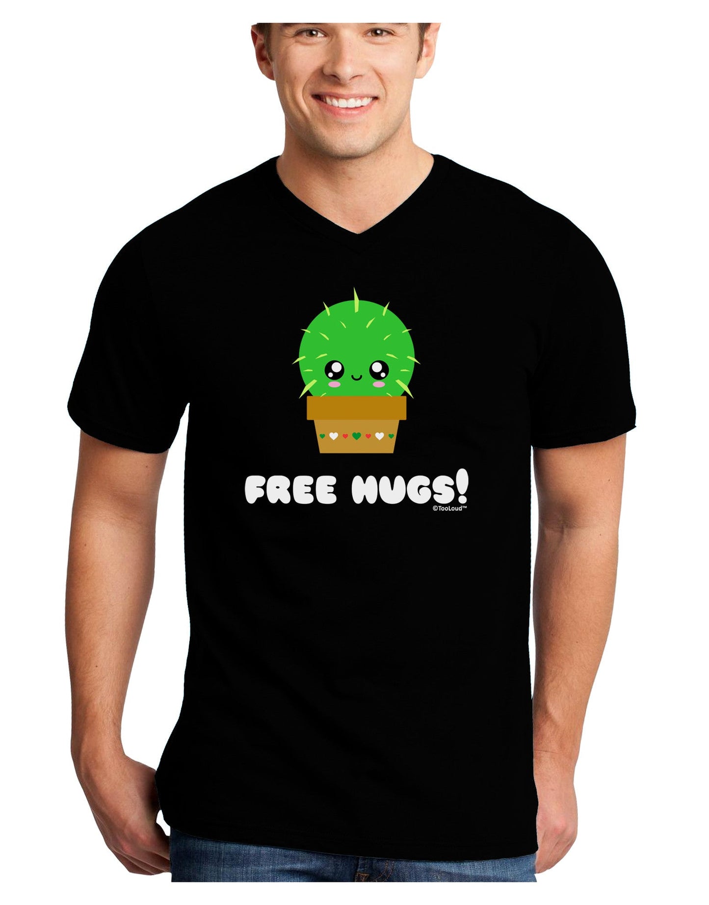Cute Cactus - Free Hugs Adult Dark V-Neck T-Shirt-Mens V-Neck T-Shirt-TooLoud-Black-Small-Davson Sales