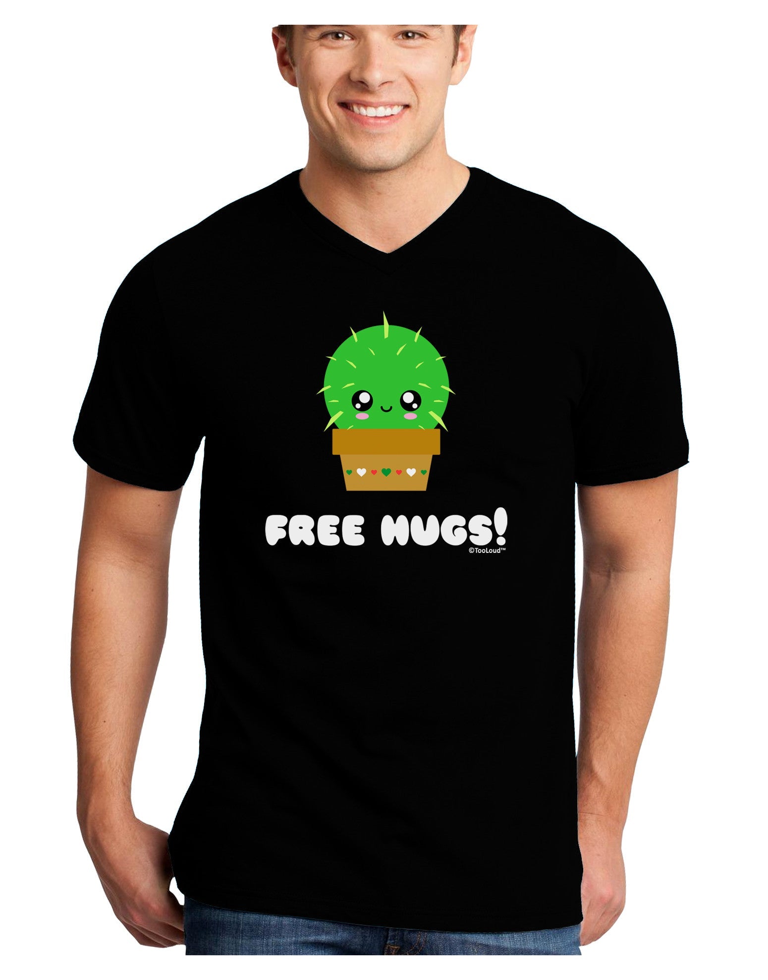 Cute Cactus - Free Hugs Adult Dark V-Neck T-Shirt-Mens V-Neck T-Shirt-TooLoud-Black-Small-Davson Sales