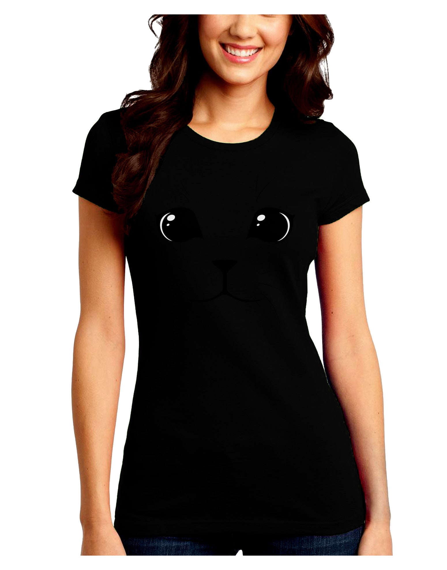 Cute Cat Face Juniors Petite Crew Dark T-Shirt-T-Shirts Juniors Tops-TooLoud-Black-Juniors Fitted Small-Davson Sales