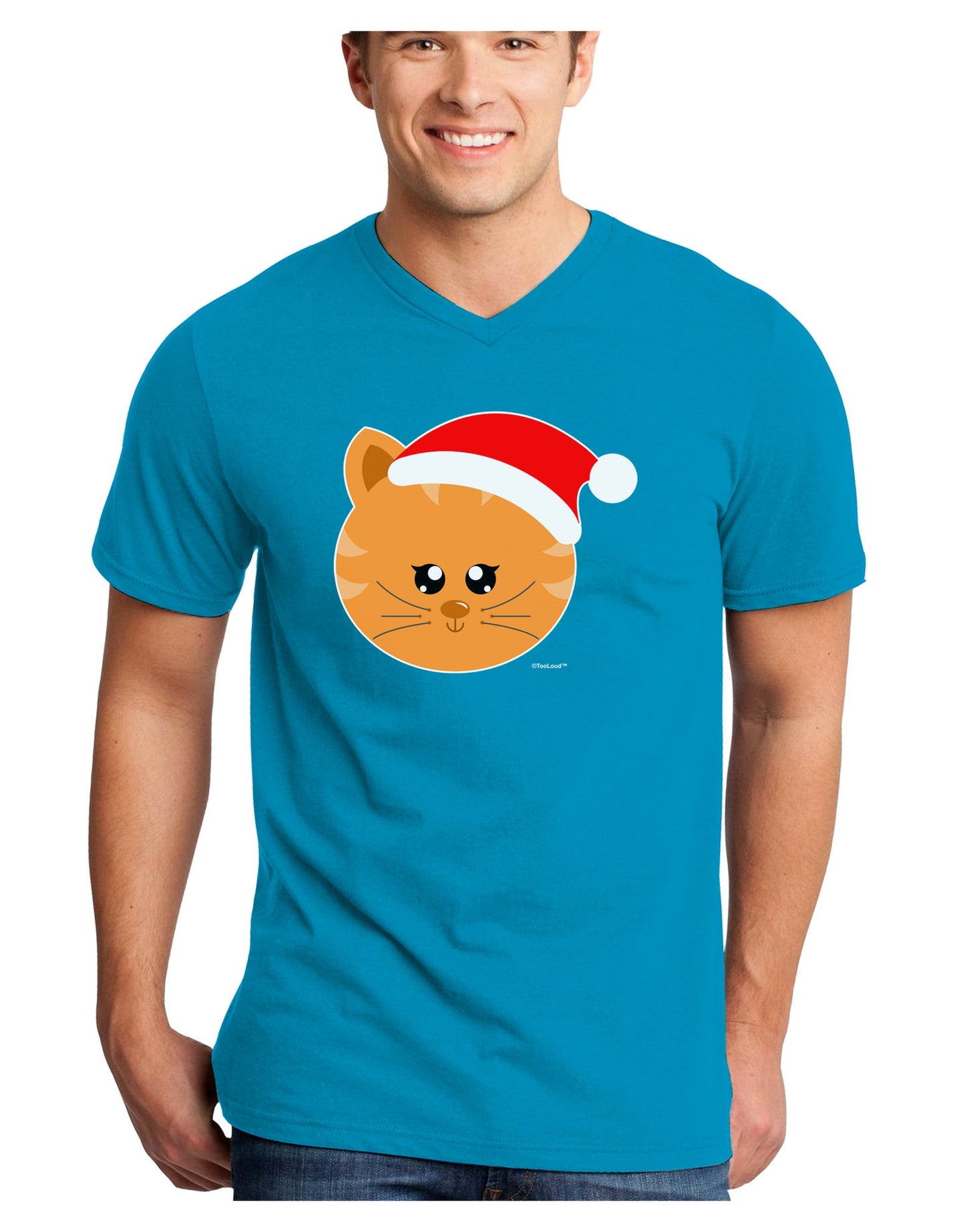 Cute Christmas Cat Santa Hat Adult Dark V-Neck T-Shirt-TooLoud-Turquoise-Small-Davson Sales