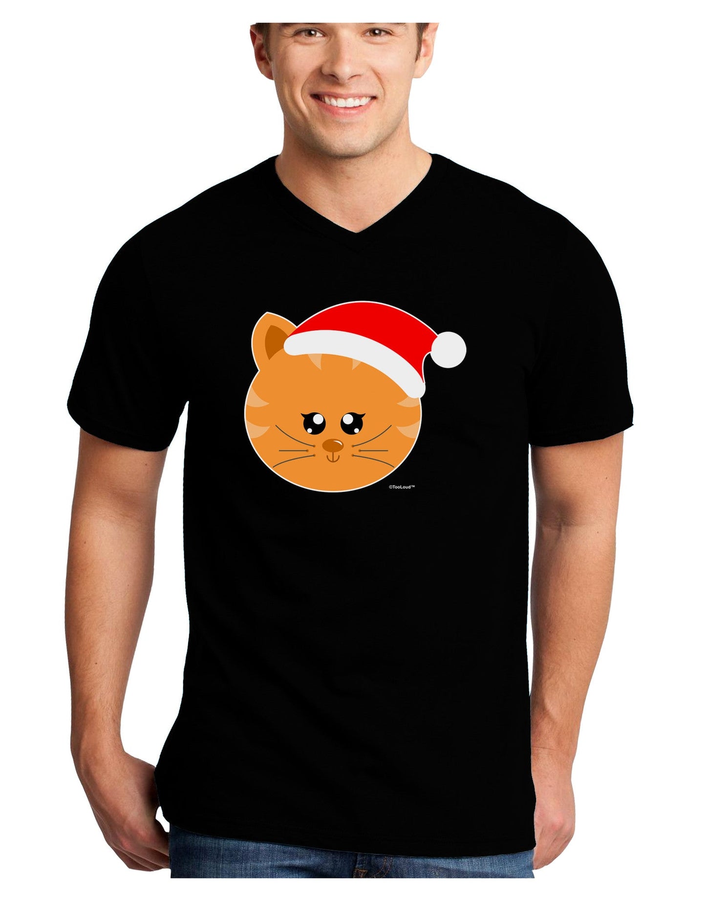 Cute Christmas Cat Santa Hat Adult Dark V-Neck T-Shirt-TooLoud-Black-Small-Davson Sales