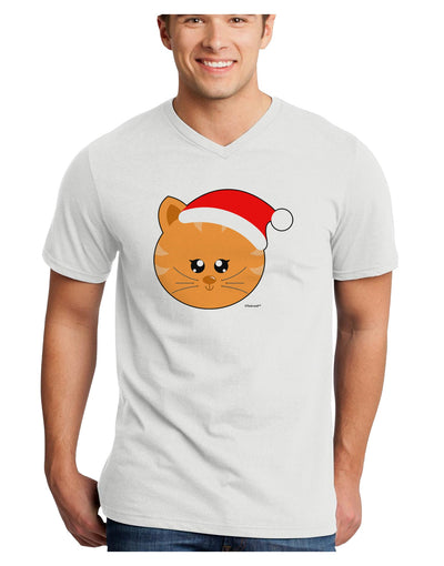 Cute Christmas Cat Santa Hat Adult V-Neck T-shirt-Mens V-Neck T-Shirt-TooLoud-White-Small-Davson Sales