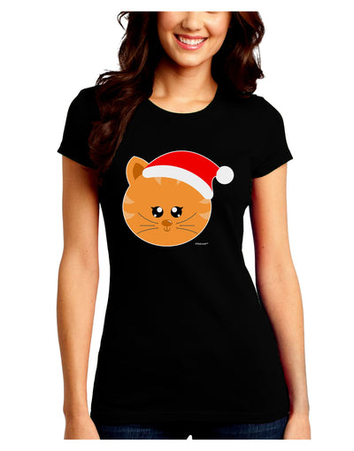 Cute Christmas Cat Santa Hat Juniors Crew Dark T-Shirt-T-Shirts Juniors Tops-TooLoud-Black-Juniors Fitted Small-Davson Sales