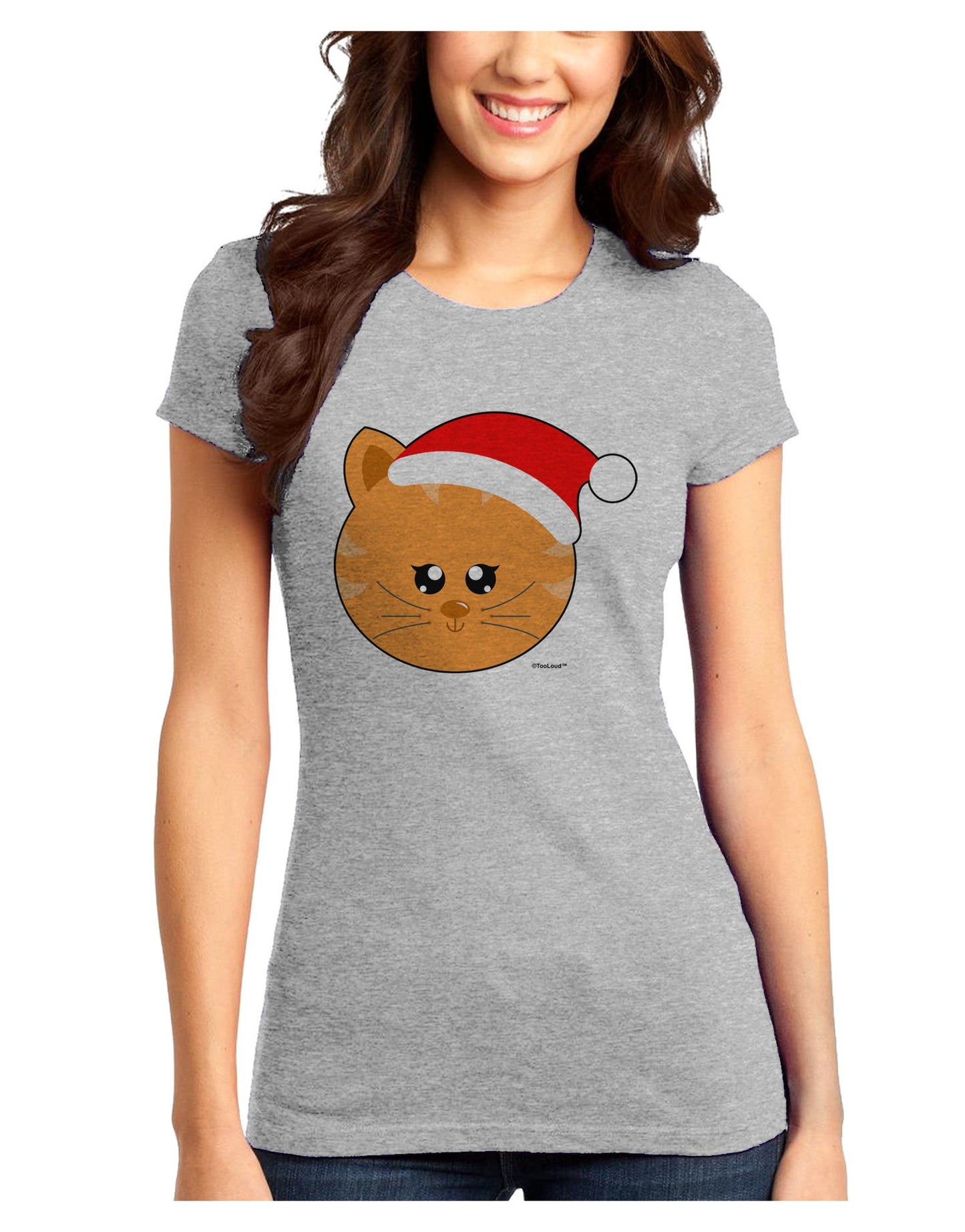 Cute Christmas Cat Santa Hat Juniors T-Shirt-Womens Juniors T-Shirt-TooLoud-Ash-Gray-Juniors Fitted X-Small-Davson Sales
