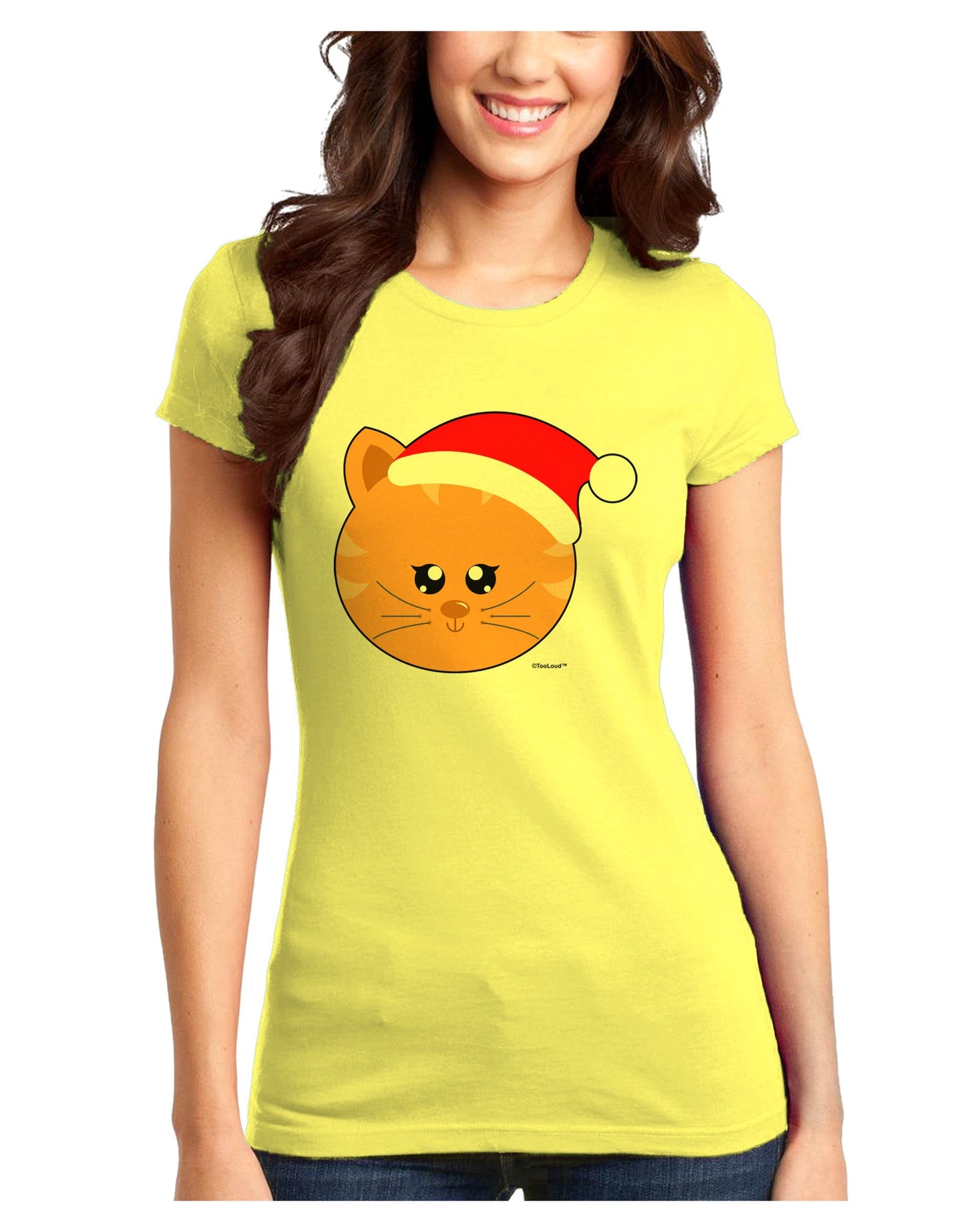 Cute Christmas Cat Santa Hat Juniors T-Shirt-Womens Juniors T-Shirt-TooLoud-Yellow-Juniors Fitted X-Small-Davson Sales