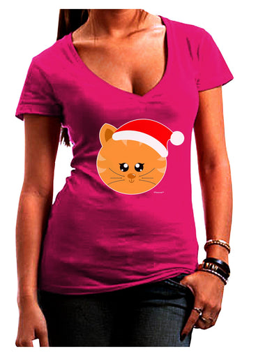 Cute Christmas Cat Santa Hat Juniors V-Neck Dark T-Shirt-Womens V-Neck T-Shirts-TooLoud-Hot-Pink-Juniors Fitted Small-Davson Sales