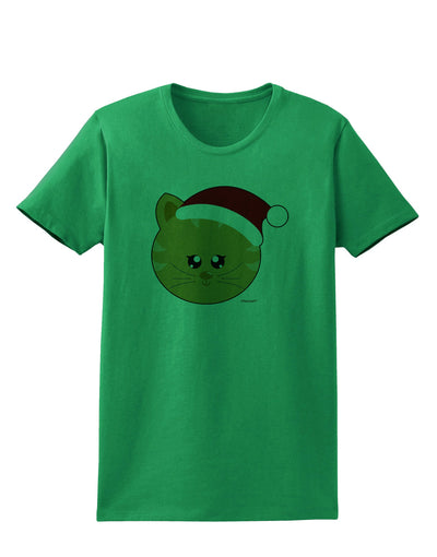 Cute Christmas Cat Santa Hat Womens T-Shirt-Womens T-Shirt-TooLoud-Kelly-Green-X-Small-Davson Sales