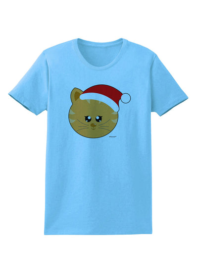 Cute Christmas Cat Santa Hat Womens T-Shirt-Womens T-Shirt-TooLoud-Aquatic-Blue-X-Small-Davson Sales