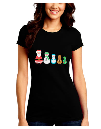 Cute Christmas Matryoshka Nesting Dolls Juniors Crew Dark T-Shirt-T-Shirts Juniors Tops-TooLoud-Black-Juniors Fitted Small-Davson Sales