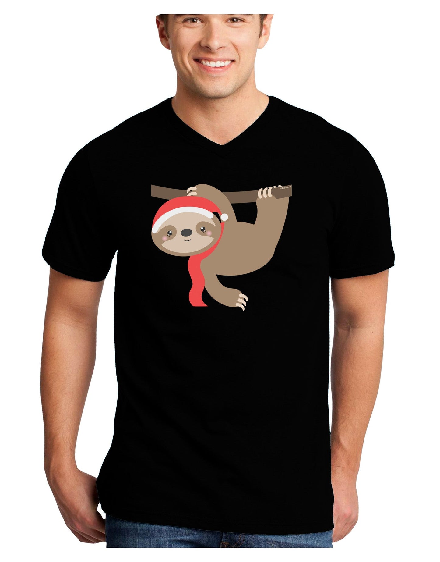 Cute Christmas Sloth with Santa Hat Adult Dark V-Neck T-Shirt-TooLoud-Black-Small-Davson Sales