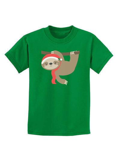 Cute Christmas Sloth with Santa Hat Childrens Dark T-Shirt-Childrens T-Shirt-TooLoud-Kelly-Green-X-Small-Davson Sales