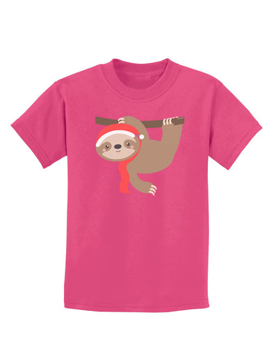 Cute Christmas Sloth with Santa Hat Childrens Dark T-Shirt-Childrens T-Shirt-TooLoud-Sangria-X-Small-Davson Sales