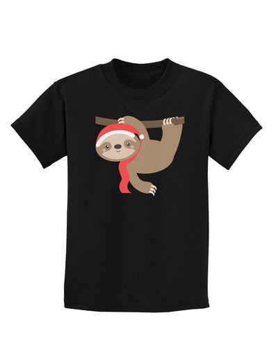 Cute Christmas Sloth with Santa Hat Childrens Dark T-Shirt-Childrens T-Shirt-TooLoud-Black-X-Small-Davson Sales