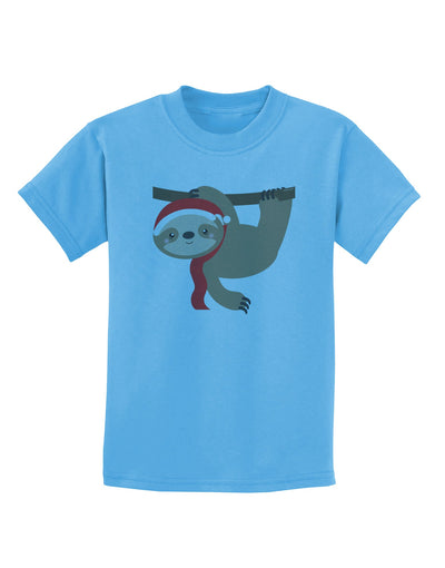 Cute Christmas Sloth with Santa Hat Childrens T-Shirt-Childrens T-Shirt-TooLoud-Aquatic-Blue-X-Small-Davson Sales