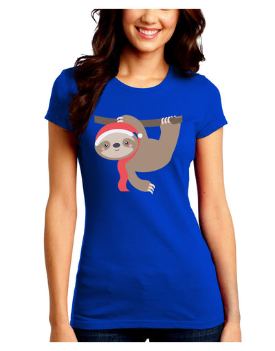 Cute Christmas Sloth with Santa Hat Juniors Crew Dark T-Shirt-T-Shirts Juniors Tops-TooLoud-Royal-Blue-Juniors Fitted Small-Davson Sales