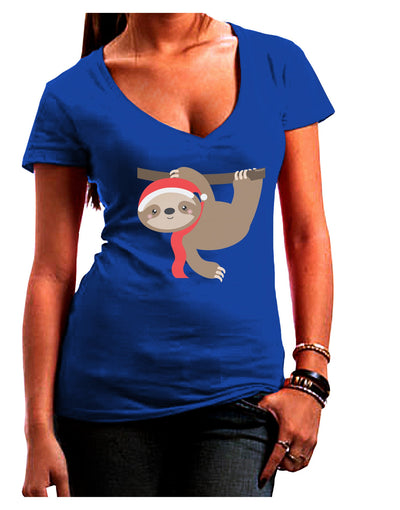 Cute Christmas Sloth with Santa Hat Juniors V-Neck Dark T-Shirt-Womens V-Neck T-Shirts-TooLoud-Royal-Blue-Juniors Fitted Small-Davson Sales