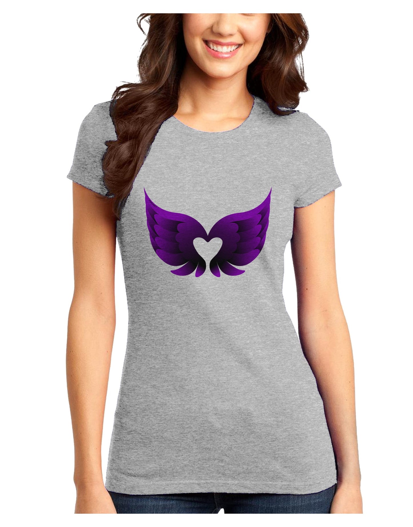 Cute Dark Angel Wings Black and Purple Heart Juniors T-Shirt-Womens Juniors T-Shirt-TooLoud-Ash-Gray-Juniors Fitted X-Small-Davson Sales