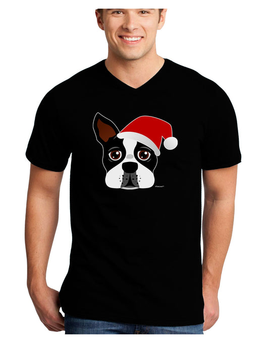 Cute Dog with Santa Hat - Christmas Adult Dark V-Neck T-Shirt-TooLoud-Black-Small-Davson Sales