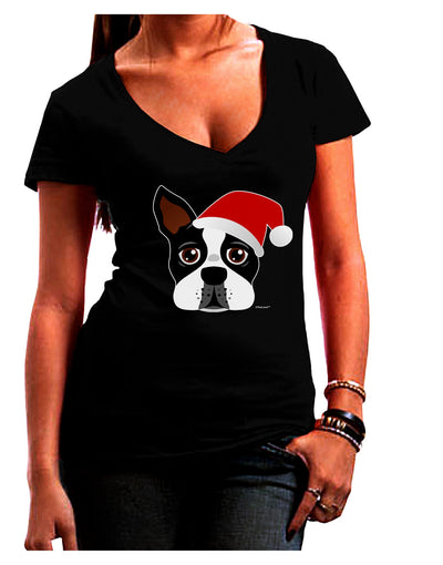 Cute Dog with Santa Hat - Christmas Juniors V-Neck Dark T-Shirt-Womens V-Neck T-Shirts-TooLoud-Black-Juniors Fitted Small-Davson Sales