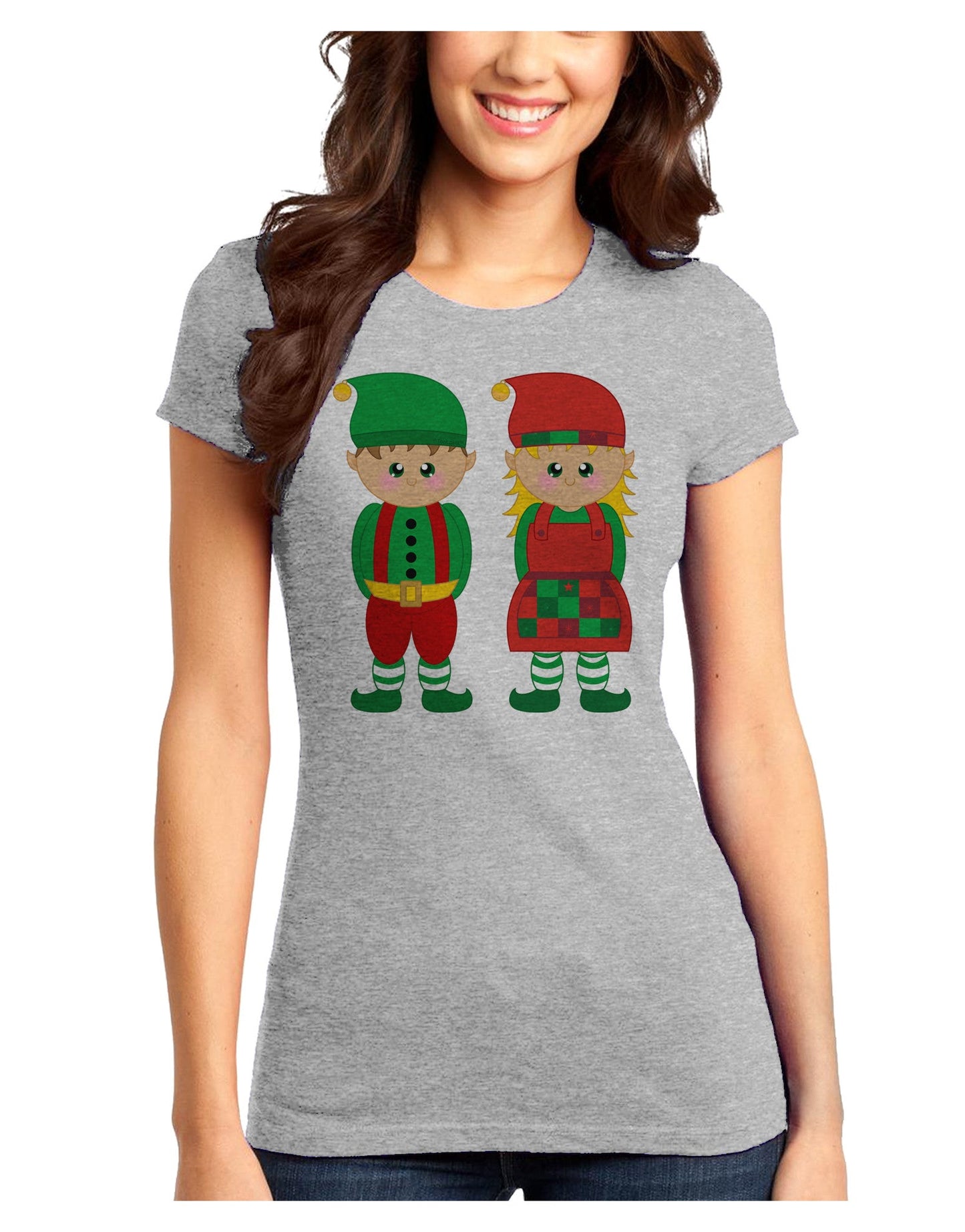 Cute Elf Couple Christmas Juniors T-Shirt-Womens Juniors T-Shirt-TooLoud-Ash-Gray-Juniors Fitted XS-Davson Sales