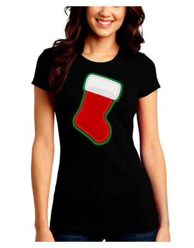 Cute Faux Applique Christmas Stocking Juniors Crew Dark T-Shirt-T-Shirts Juniors Tops-TooLoud-Black-Juniors Fitted Small-Davson Sales