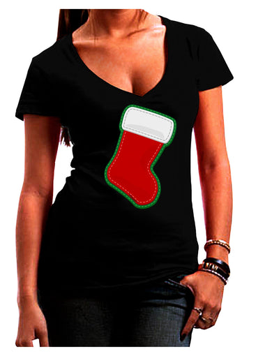 Cute Faux Applique Christmas Stocking Juniors V-Neck Dark T-Shirt-Womens V-Neck T-Shirts-TooLoud-Black-Juniors Fitted Small-Davson Sales