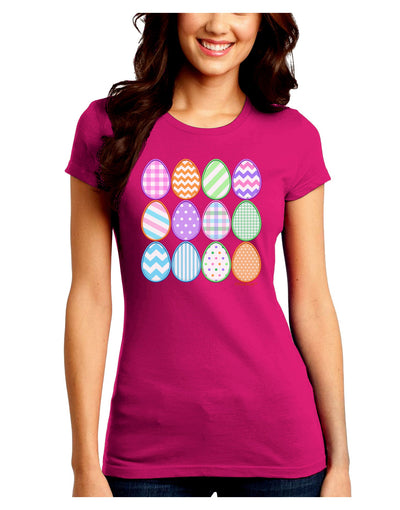 Cute Faux Applique Easter Eggs Juniors Petite Crew Dark T-Shirt-T-Shirts Juniors Tops-TooLoud-Hot-Pink-Juniors Fitted Small-Davson Sales