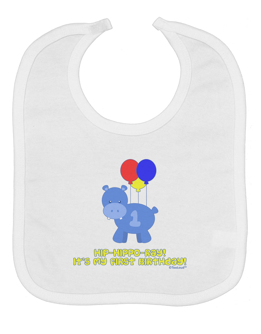 Cute First Birthday Hippo - Blue Red Yellow Baby Bib by TooLoud