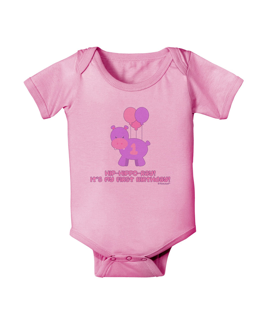 Cute First Birthday Hippo - Pink and Purple Baby Romper Bodysuit by TooLoud-Baby Romper-TooLoud-White-06-Months-Davson Sales