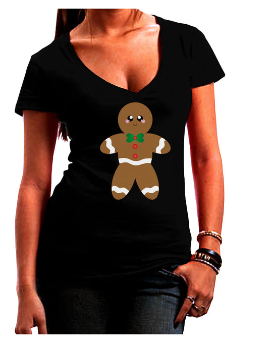 Cute Gingerbread Man Christmas Juniors V-Neck Dark T-Shirt-Womens V-Neck T-Shirts-TooLoud-Black-Juniors Fitted Small-Davson Sales