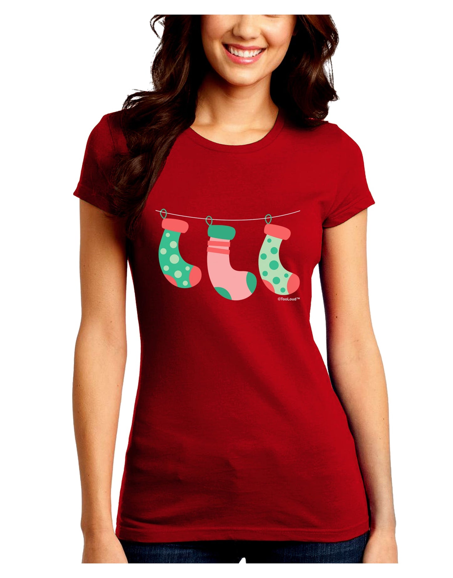 Cute Hanging Christmas Stockings Juniors Crew Dark T-Shirt by TooLoud-T-Shirts Juniors Tops-TooLoud-Red-Juniors Fitted Small-Davson Sales