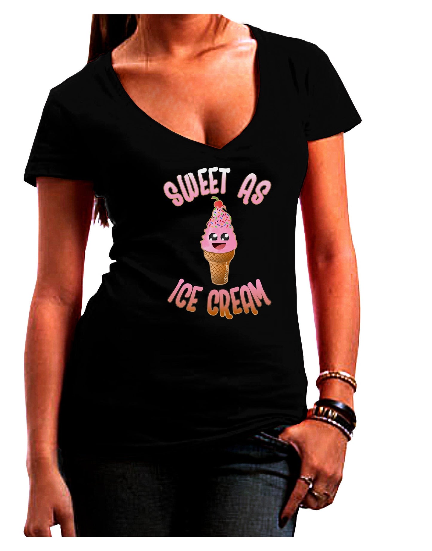 Cute Ice Cream Cone - Sweet As Ice Cream Womens V-Neck Dark T-Shirt-Womens V-Neck T-Shirts-TooLoud-Black-Juniors Fitted Small-Davson Sales
