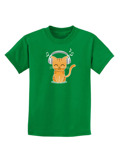 Cute Kitty With Headphones Childrens Dark T-Shirt-Childrens T-Shirt-TooLoud-Kelly-Green-X-Small-Davson Sales