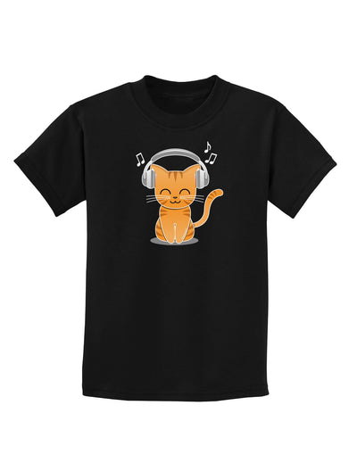 Cute Kitty With Headphones Childrens Dark T-Shirt-Childrens T-Shirt-TooLoud-Black-X-Small-Davson Sales