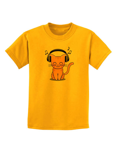 Cute Kitty With Headphones Childrens T-Shirt-Childrens T-Shirt-TooLoud-Gold-X-Small-Davson Sales